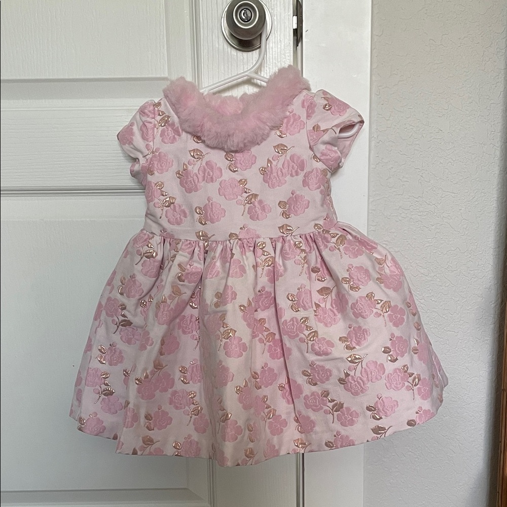 Janie and Jack Pink Floral Jacquard Dress with Fur Collar